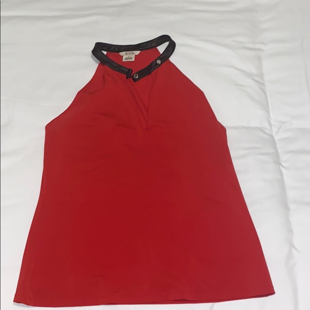 Michael Kors red top with black leather neck